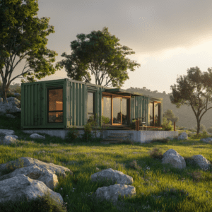 echo0630_A_small_modular_home_in_the_shape_of_an_olive_green_sh_a5bf82f2-10aa-4cff-a271-e836d7ec8db9