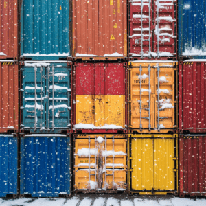 Shipping containers with snow